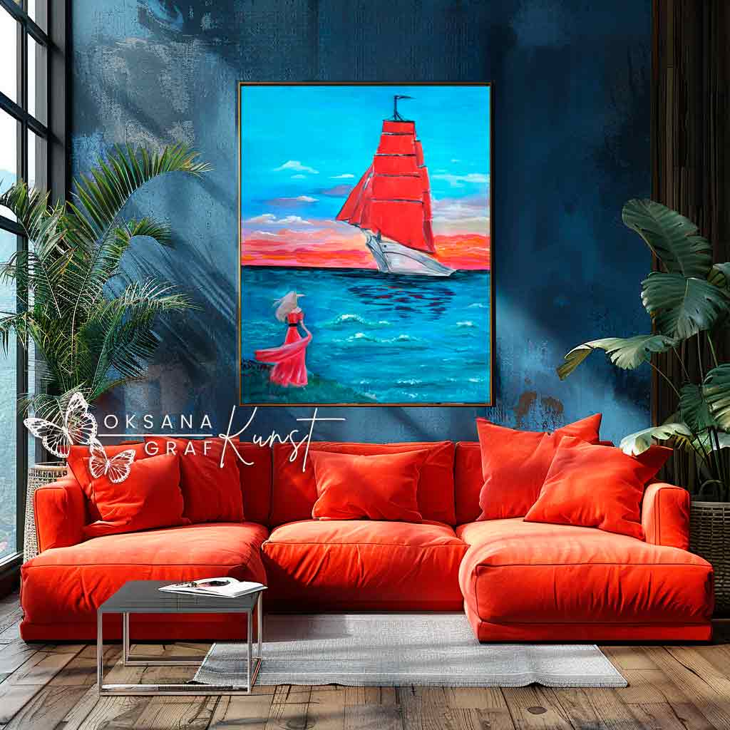 originale AcrylMalerei auf Leinwand Schiff Meer Frau Rot Purpurrote Segel/ Purpursegel von Alexander Grin. Assol wartet auf Grey 