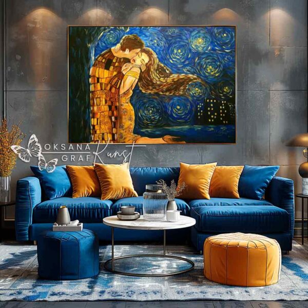 acrylbild, oksana graf, Künstlerin, originale kunst , malerei inspiriert von Gustav Klimt "Kuss" und Van Gogh "Sternennacht"
