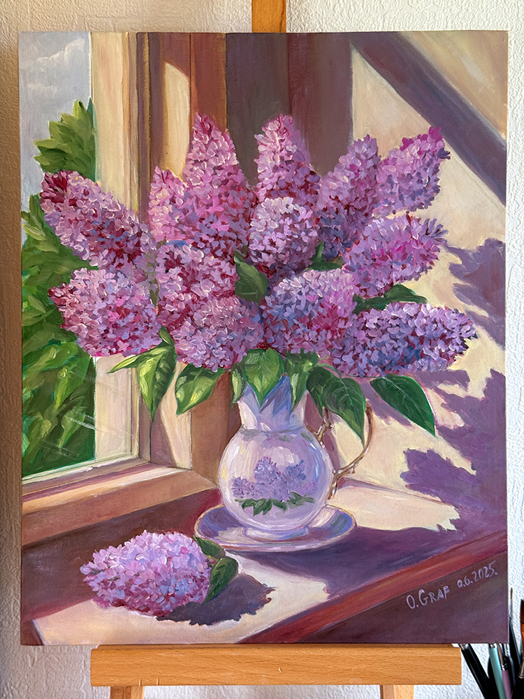 Ölmalerei, Flieder im Vase, Künstlerin Oksana Graf zum verkaufen