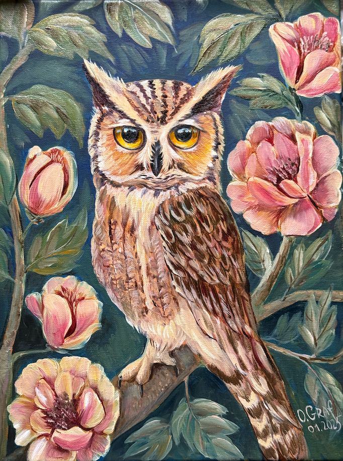 ölmalerei eule im Wald