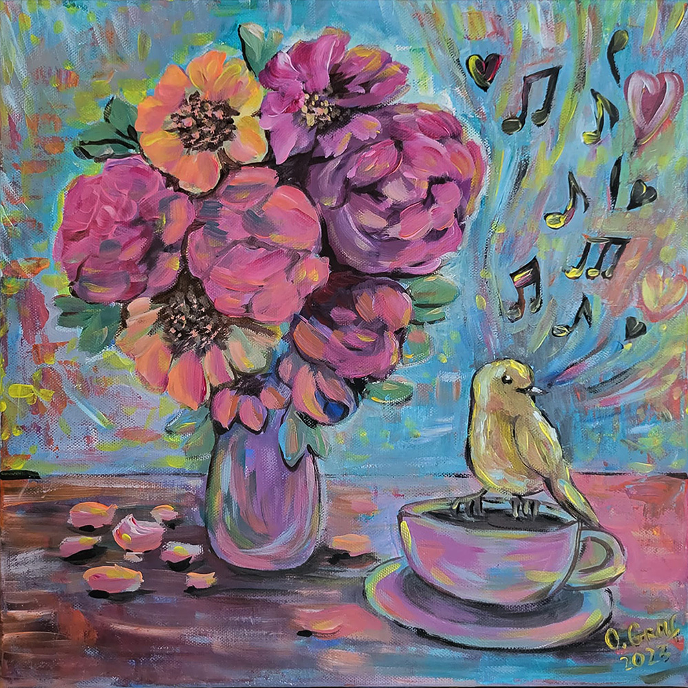 Originale Malerei, Acrylbild "Blumen  „Blumenstrauß und singender Kanarienvogel“ mit der Artist Signatur von Oksana Graf.