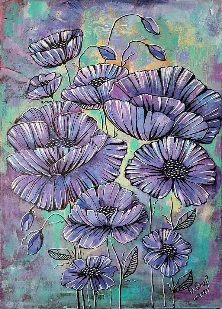 Original Acrylbild, "Blaue Mohnblumen" mit der Artist Signatur von Oksana Graf.