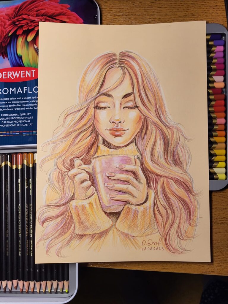 Buntstiftbild: Frau mit Tasse in warmem Licht