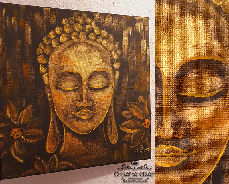 Originale Malerei, Acrylbild, Buddha, schwarz, gold