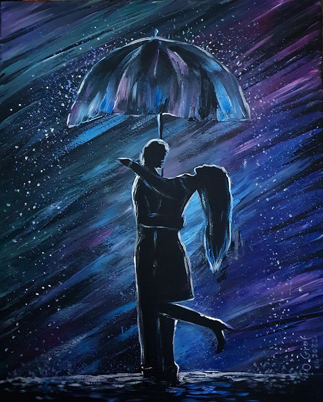 Ein Silhouette von Mann und Frau, umarmen sich unter einem Regenschirm vor einem nächtlichen Sternenhimmel. Romantik pur. acrylmalerei