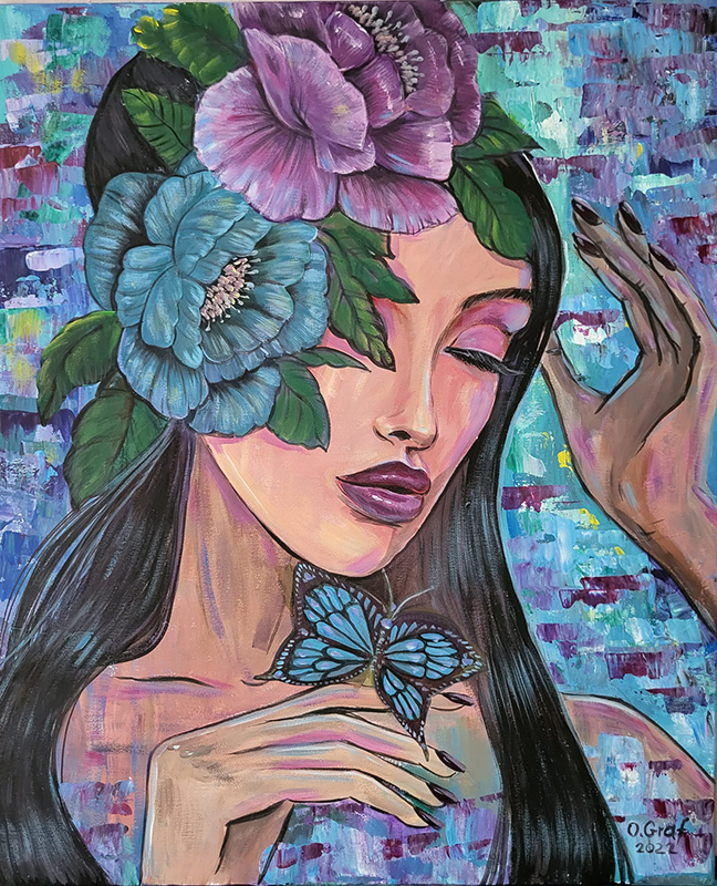 Originale Malerei, Acrylbild, Frau mit den Blumen