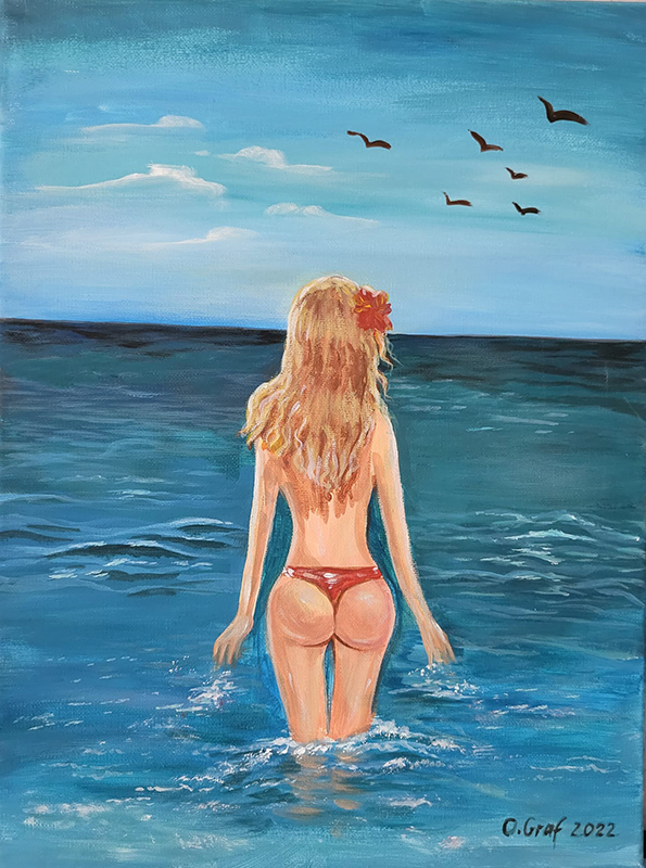 Originale Malerei, Acrylbild, Urlaub, schöne Frau in Bikini