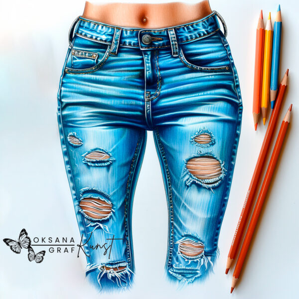 jeans textur nachmalen tutorials, reference, ripped jeans drawing whit colorpencil