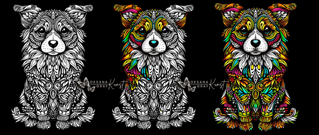 Bunte Seiten: Ausgemalte Seite aus meinem Malbuch „Tier-Mandala“  Ausmalbilder, von Oksana Graf, ausmalen Hund