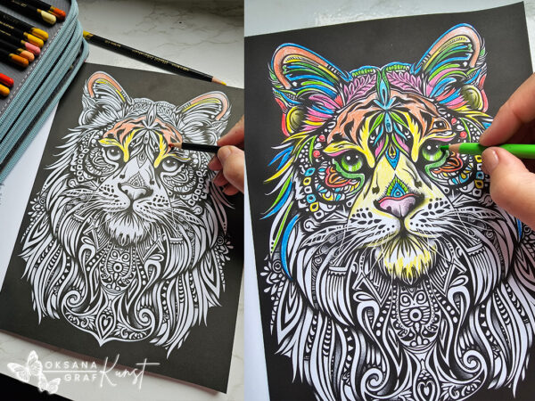 Bunte Seiten: Ausgemalte erste Seite aus meinem Malbuch „Tier-Mandala“ Tiger, Ausmalbilder, von Oksana Graf, ausmalen