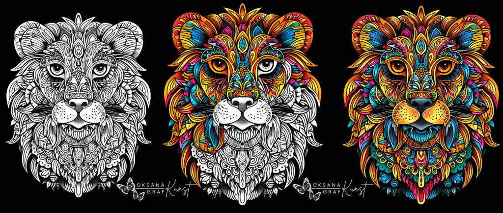 Bunte Seiten: Ausgemalte Seite aus meinem Malbuch „Tier-Mandala“  Ausmalbilder, von Oksana Graf, ausmalen Löwe