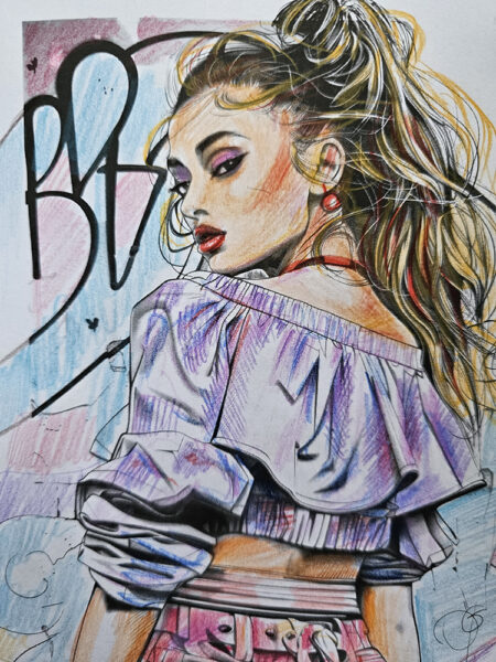 Fashion Illustration, Ausgemalte Seite aus dem Mode Malbuch Street Fashion Styl, DERWENT Chromaflow Farbstifte