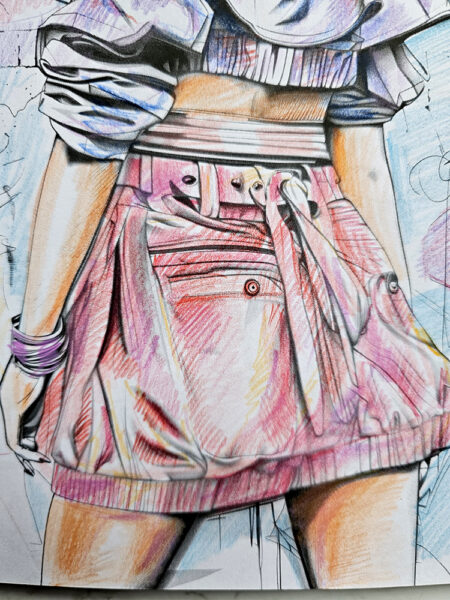 Fashion Illustration, Ausgemalte Seite aus dem Mode Malbuch Street Fashion Styl, DERWENT Chromaflow Farbstifte