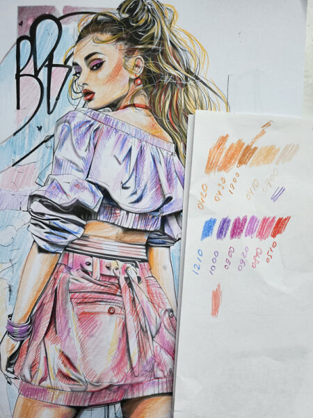 Fashion Illustration, Ausgemalte Seite aus dem Mode Malbuch Street Fashion Styl, DERWENT Chromaflow Farbstifte
