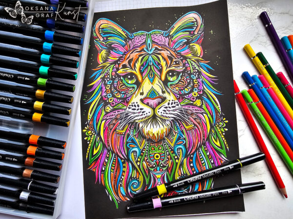 Bunte Seiten: Ausgemalte erste Seite aus meinem Malbuch „Tier-Mandala“ Tiger, Ausmalbilder, von Oksana Graf, ausmalen