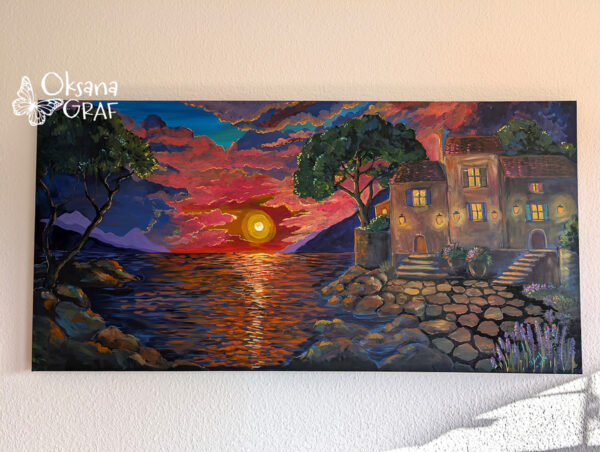 Acrylmalerei, Leinwand 140×70 cm Acrylgemälde Landschaft der Toskana, Sonnenuntergang am Meer Malerei und Unikate