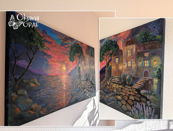 Acrylmalerei, Leinwand 140×70 cm Acrylgemälde Landschaft der Toskana, Sonnenuntergang am Meer Malerei und Unikate