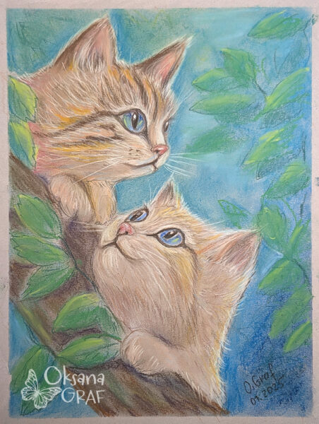 Kätzchen auf Baum, Pastellmalerei,