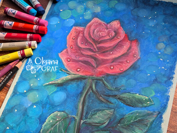 Rose, Ölpastel, Oil Pastel, mix media Papier gray-green 250 g/m