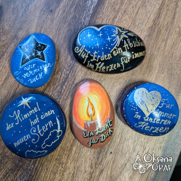 Steine zum Abschied, Abschiedssteine, Grab, Trauersteine mit Spruch bemalen