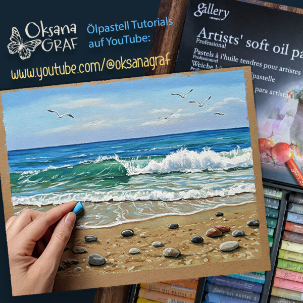 Meer & Welle. Ölpastell Tutorial: Realistische Meereslandschaft zeichnen lernen (auch für Anfänger) ⡷ Einfache Video-Anleitung Schritt für Schritt.
