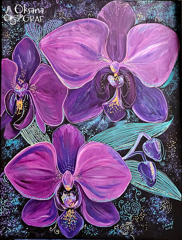 Original Acrylbild auf Leinwand: lila Orchideen, abstrakte Malerei, Mix-Media 