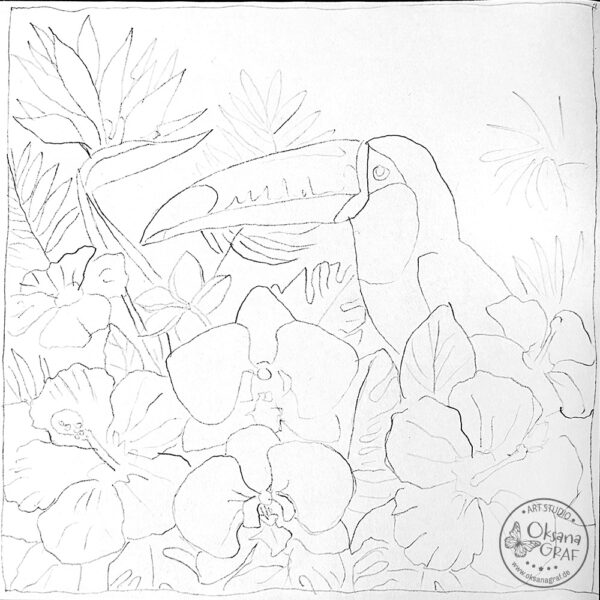 Tukan in den Tropen mit alkoholmarker malen Orchideen und Hibiskus malvorlage zum ausdrucken skizze für tutorial ausmalbilder kostenlos gratis mit anleitung