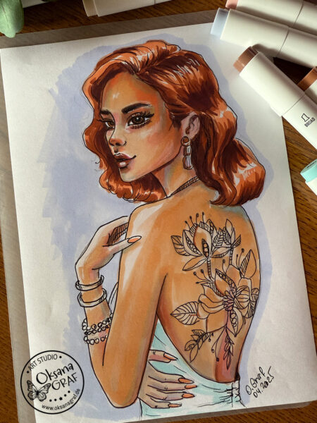 Porträt mit Alkoholmarker/ Alcohol marker sketch/ painting/ girl portrait/ skin tone/ tattoo COPIC
