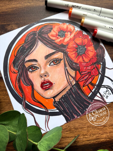 Porträt mit Alkoholmarkern, Portrait drawing, Sketch, Schwarz, orange, rot. Hotu, Ohuhu Marker