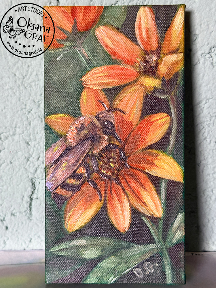 ölmalerei, biene auf gelbem Blumen