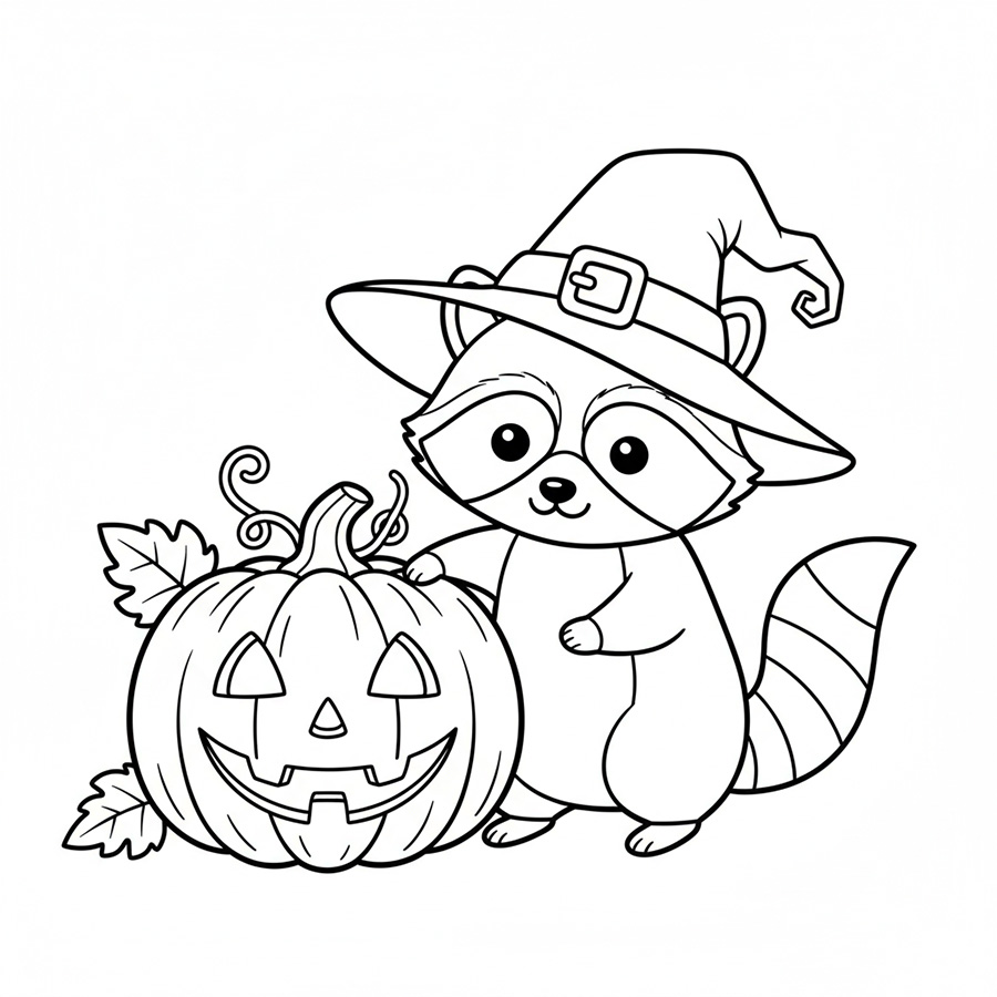 Ausmalbild kostenlos gratis mit dem Waschbär und Kürbis für Kinder zum Halloween zum ausdrucken