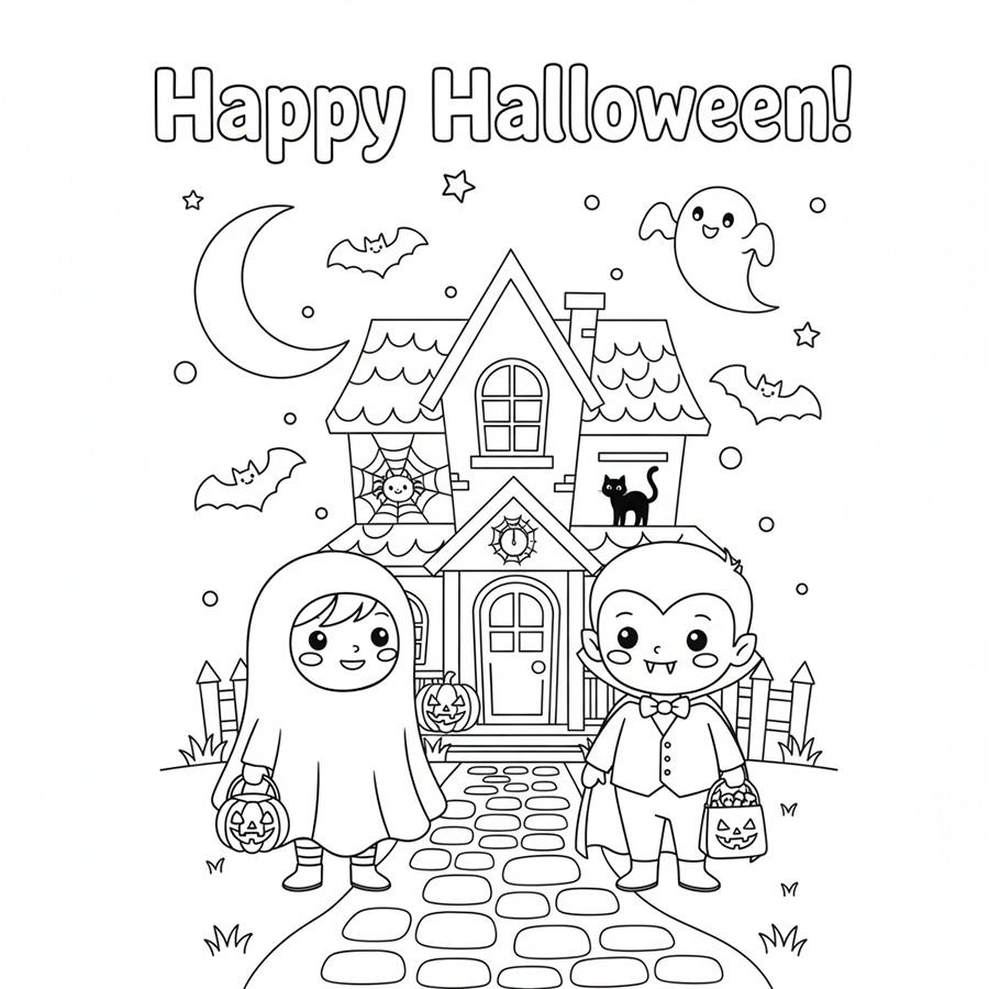 Ausmalbild kostenlos gratis  für Kinder zum Fest Happy Halloween"