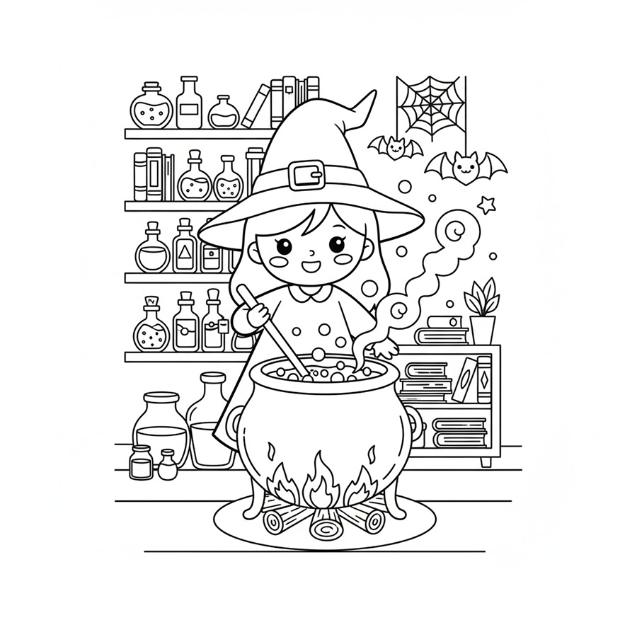 Ausmalbild kostenlos gratis mit der Hexe für Kinder zum Halloween zum ausdrucken