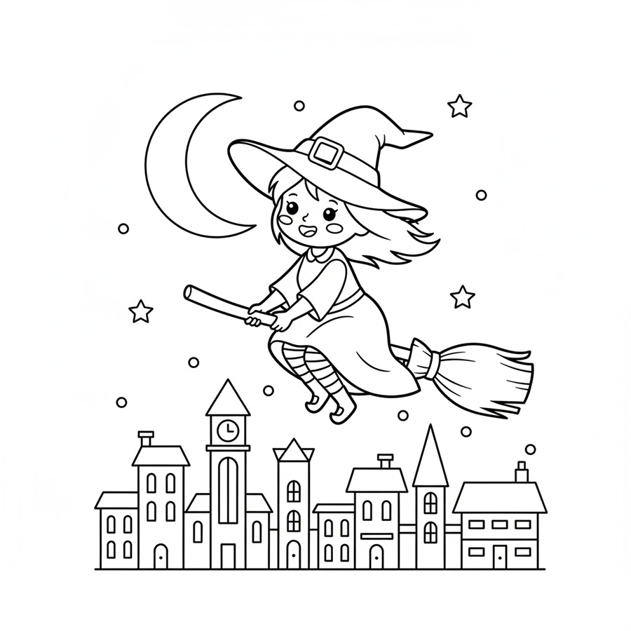 Ausmalbild kostenlos gratis mit der Hexe für Kinder zum Halloween