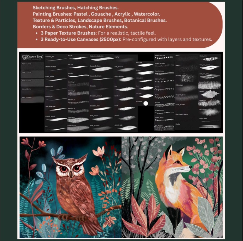 „Mega Treasure Box“ für Procreate. Über 70 Pinsel (Aquarell, Gouache, Acryl, Kohle & mehr) ✅ 3 fertige Premium-Leinwände mit echter Papiertextur ✅ Magische Tools für Licht & Schatten ✅ Handgezeichnete Deko-Elemente für Mode & Botanik