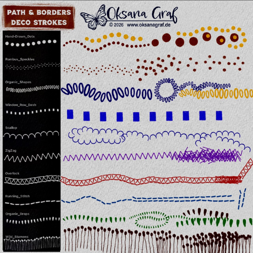 Professional Illustration Procreate brushes for painting and drawing von oksana Graf borders deco strokes